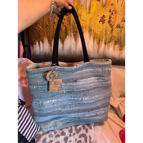 Anthropologie studio maybelle* Handwoven denim print totebag purse pocketbook - Picture 1 of 6